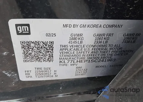 2025 Chevrolet Trax Fwd Lt z USA, uszkodzony, nr VIN KL77LHEP1SC241963